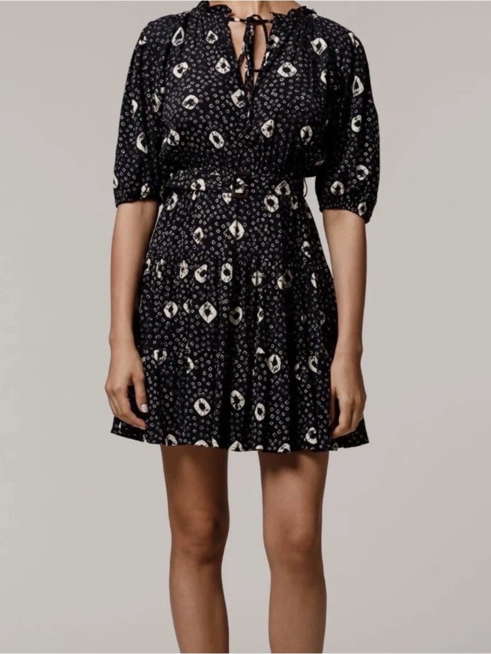 Anthropologie Lusana Black and White Print Cinched Mini Dress | L